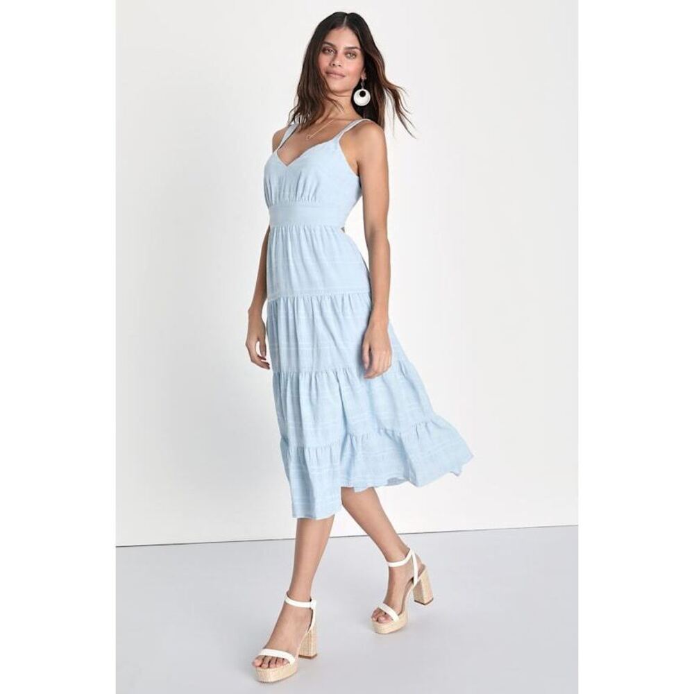 Lulus Freest Feelings Light Blue Plaid Tiered Tie-back Midi Dress - Size XS
